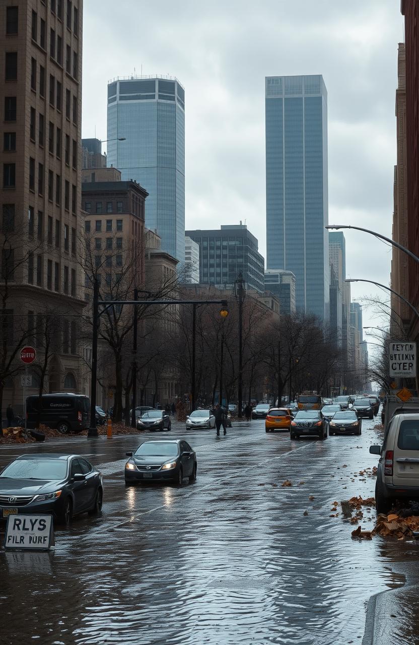 A desolate New York City street after Superstorm Sandy, showcasing severe flooding damage