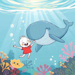 A whimsical, hand-drawn style illustration of a white cartoon character wearing a bright red t-shirt, joyfully swimming underwater alongside a massive, friendly whale