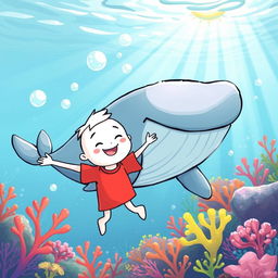 A whimsical, hand-drawn style illustration of a white cartoon character wearing a bright red t-shirt, joyfully swimming underwater alongside a massive, friendly whale