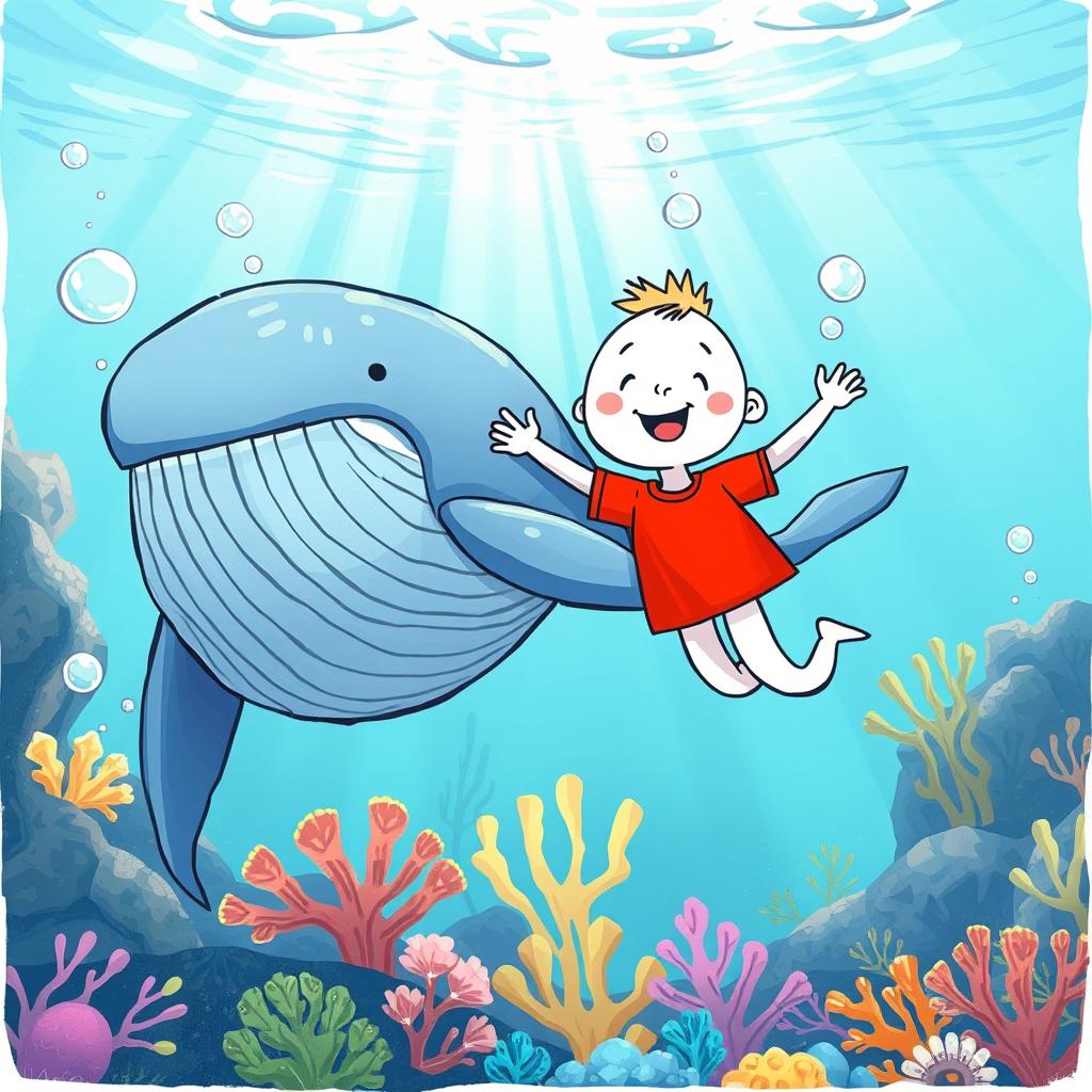 A whimsical, hand-drawn style illustration of a white cartoon character wearing a bright red t-shirt, joyfully swimming underwater alongside a massive, friendly whale
