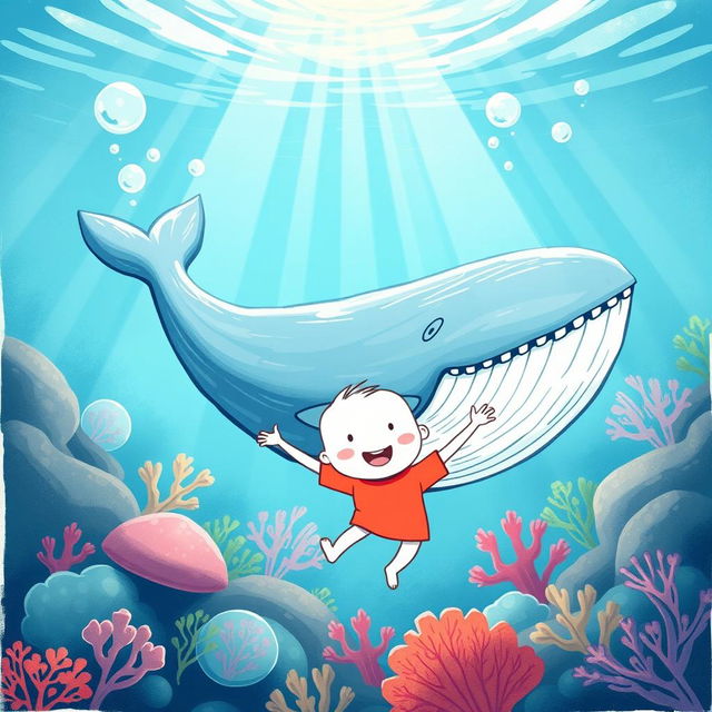 A whimsical, hand-drawn style illustration of a white cartoon character wearing a bright red t-shirt, joyfully swimming underwater alongside a massive, friendly whale