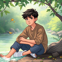 A serene illustration of a young boy named Raj, approximately 15 years old, sitting peacefully by a gently flowing river surrounded by lush nature
