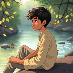 A serene illustration of a young boy named Raj, approximately 15 years old, sitting peacefully by a gently flowing river surrounded by lush nature