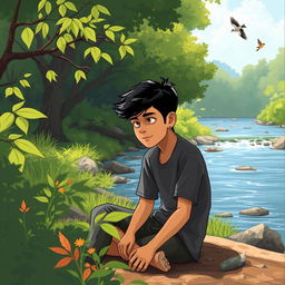 A serene illustration of a young boy named Raj, approximately 15 years old, sitting peacefully by a gently flowing river surrounded by lush nature