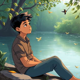 A serene illustration of a young boy named Raj, approximately 15 years old, sitting peacefully by a gently flowing river surrounded by lush nature