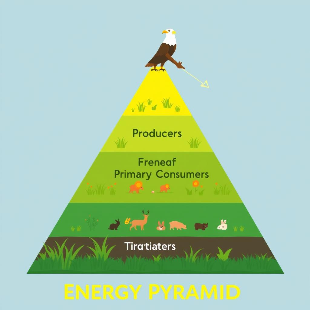 A simple and colorful 2D illustration of an energy pyramid designed for an educational poster