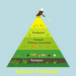 A simple and colorful 2D illustration of an energy pyramid designed for an educational poster