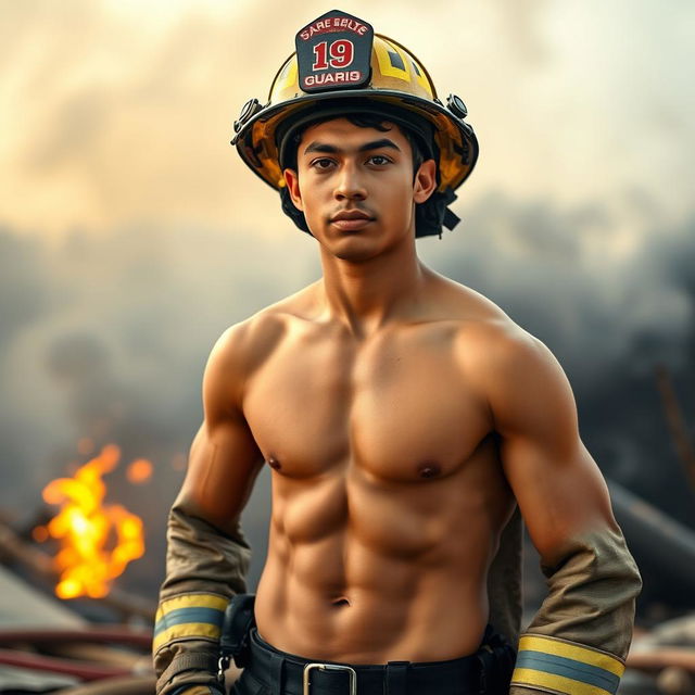 A young Latin man, age 19, wearing a fire guard uniform with the top half open, showcasing a toned upper body