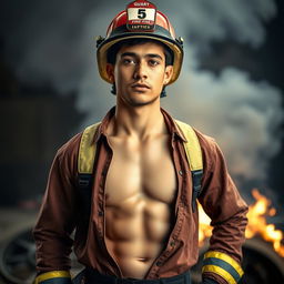 A young Latin man, age 19, wearing a fire guard uniform with the top half open, showcasing a toned upper body
