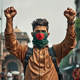 A powerful depiction of a young Bangladeshi revolutionary man, standing boldly with his fists raised high in a defiant posture
