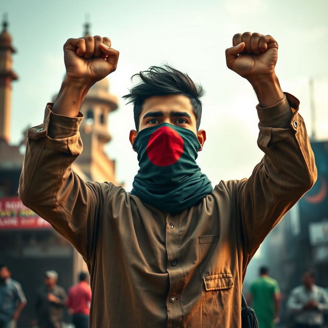 A powerful depiction of a young Bangladeshi revolutionary man, standing boldly with his fists raised high in a defiant posture