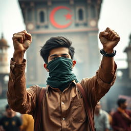 A powerful depiction of a young Bangladeshi revolutionary man, standing boldly with his fists raised high in a defiant posture