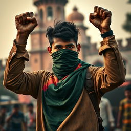 A powerful depiction of a young Bangladeshi revolutionary man, standing boldly with his fists raised high in a defiant posture