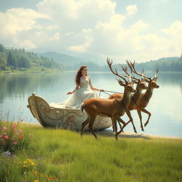 A majestic scene depicting a woman elegantly seated in a boat pulled by a team of deer along a serene lakeside