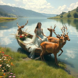 A majestic scene depicting a woman elegantly seated in a boat pulled by a team of deer along a serene lakeside