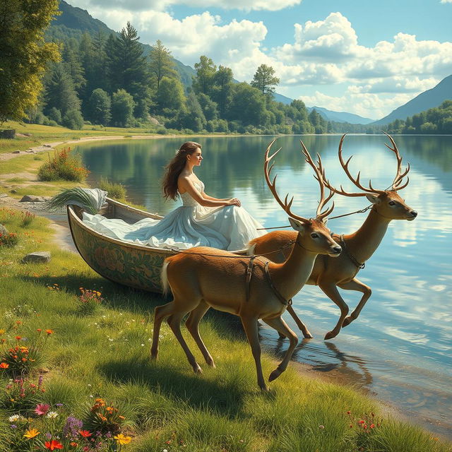 A majestic scene depicting a woman elegantly seated in a boat pulled by a team of deer along a serene lakeside