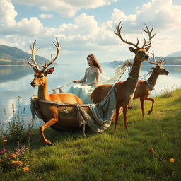A majestic scene depicting a woman elegantly seated in a boat pulled by a team of deer along a serene lakeside