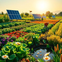 A vibrant and lush sustainable agriculture landscape featuring diverse crops, such as colorful vegetables and grains, arranged in a permaculture design
