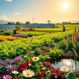 A vibrant and lush sustainable agriculture landscape featuring diverse crops, such as colorful vegetables and grains, arranged in a permaculture design