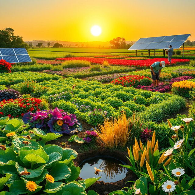 A vibrant and lush sustainable agriculture landscape featuring diverse crops, such as colorful vegetables and grains, arranged in a permaculture design