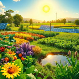 A vibrant and lush sustainable agriculture landscape featuring diverse crops, such as colorful vegetables and grains, arranged in a permaculture design