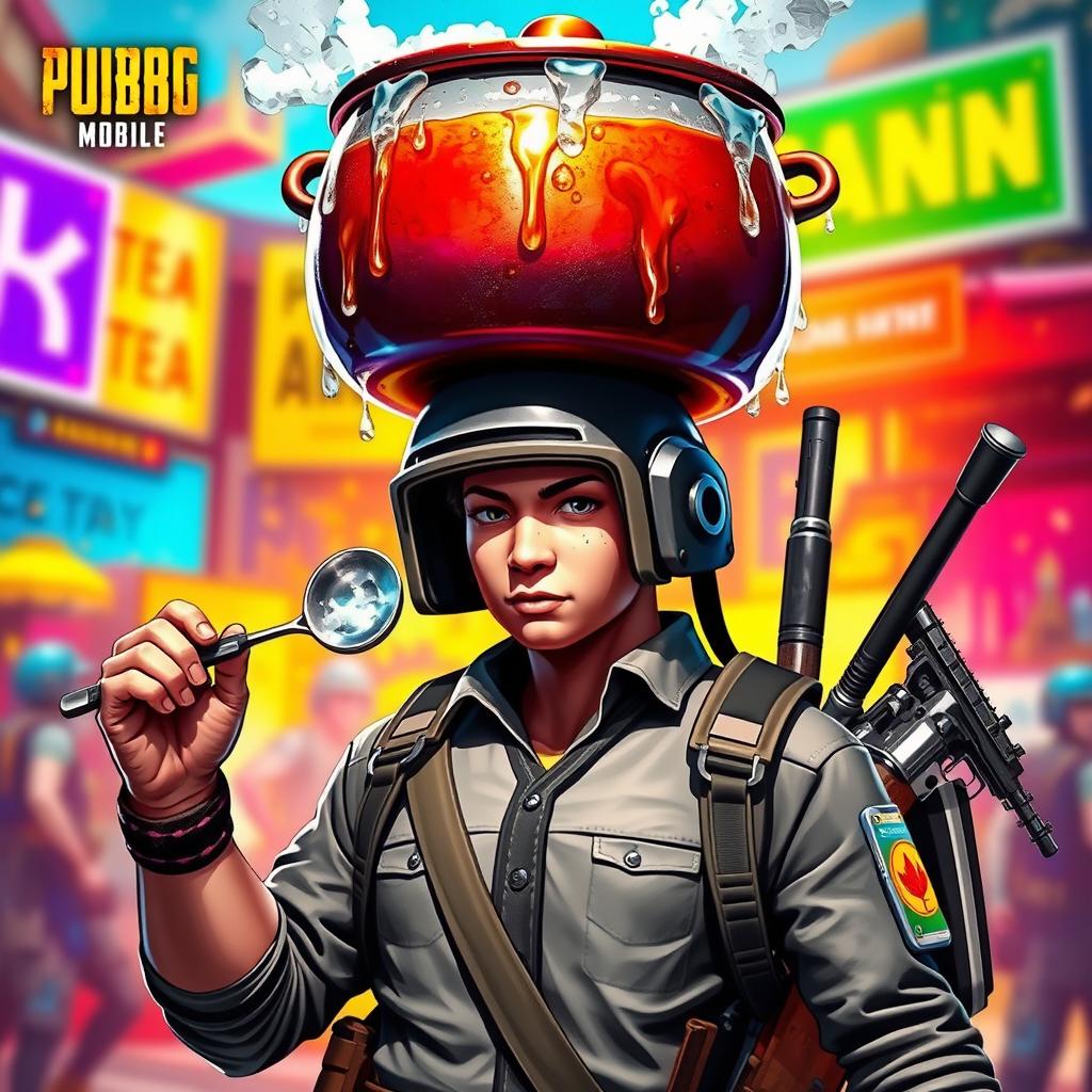 A PUBG Mobile character, dressed in tactical attire, selling iced tea