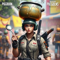 A PUBG Mobile character, dressed in tactical attire, selling iced tea