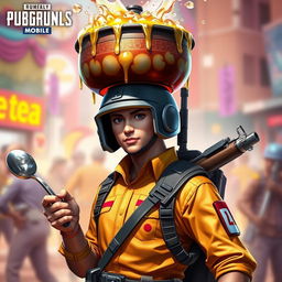 A PUBG Mobile character, dressed in tactical attire, selling iced tea