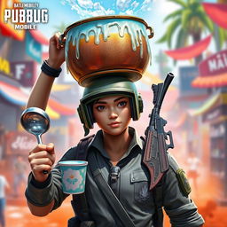 A PUBG Mobile character, dressed in tactical attire, selling iced tea