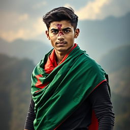 A young man draped in the vibrant colors of the Bangladeshi flag, showcasing rich greens and reds, standing firmly with a proud expression
