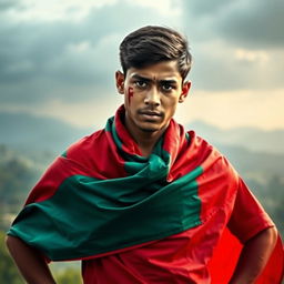 A young man draped in the vibrant colors of the Bangladeshi flag, showcasing rich greens and reds, standing firmly with a proud expression