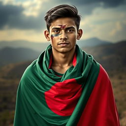 A young man draped in the vibrant colors of the Bangladeshi flag, showcasing rich greens and reds, standing firmly with a proud expression