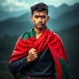 A young man draped in the vibrant colors of the Bangladeshi flag, showcasing rich greens and reds, standing firmly with a proud expression