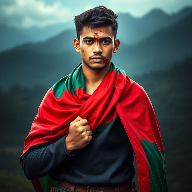 A young man draped in the vibrant colors of the Bangladeshi flag, showcasing rich greens and reds, standing firmly with a proud expression