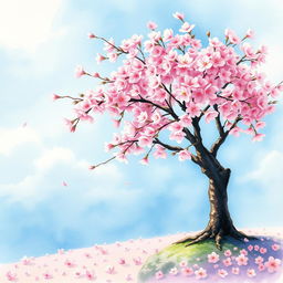 A stunning watercolor painting of a cherry blossom tree in full bloom
