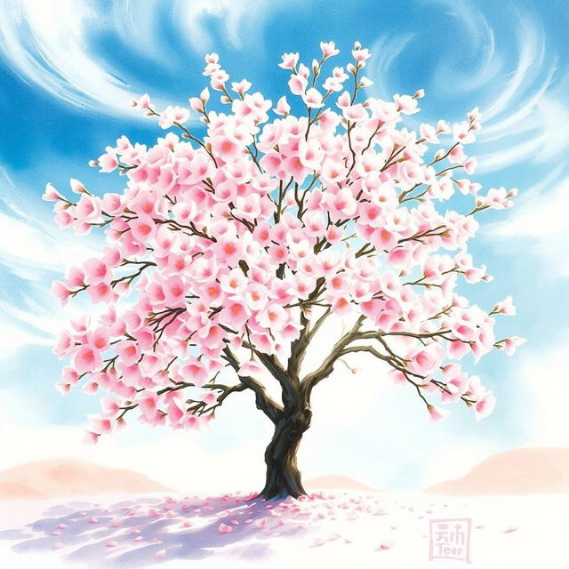 A stunning watercolor painting of a cherry blossom tree in full bloom