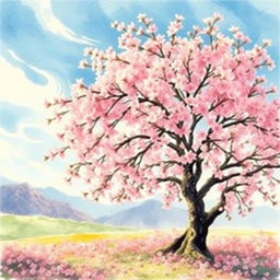 A stunning watercolor painting of a cherry blossom tree in full bloom