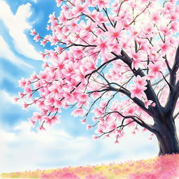 A stunning watercolor painting of a cherry blossom tree in full bloom