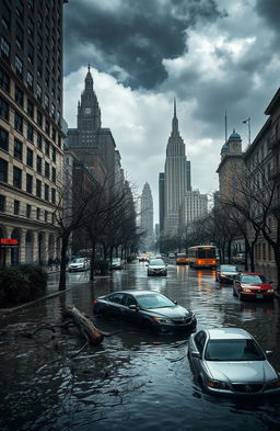 A dramatic collage depicting the aftermath of Hurricane Sandy, featuring flooded streets with water covering the pavement, downed trees with broken branches scattered around, and floating cars partially submerged in the water