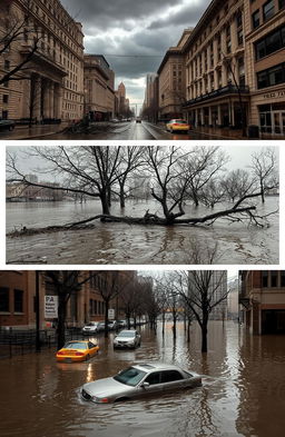 A dramatic collage depicting the aftermath of Hurricane Sandy, featuring flooded streets with water covering the pavement, downed trees with broken branches scattered around, and floating cars partially submerged in the water