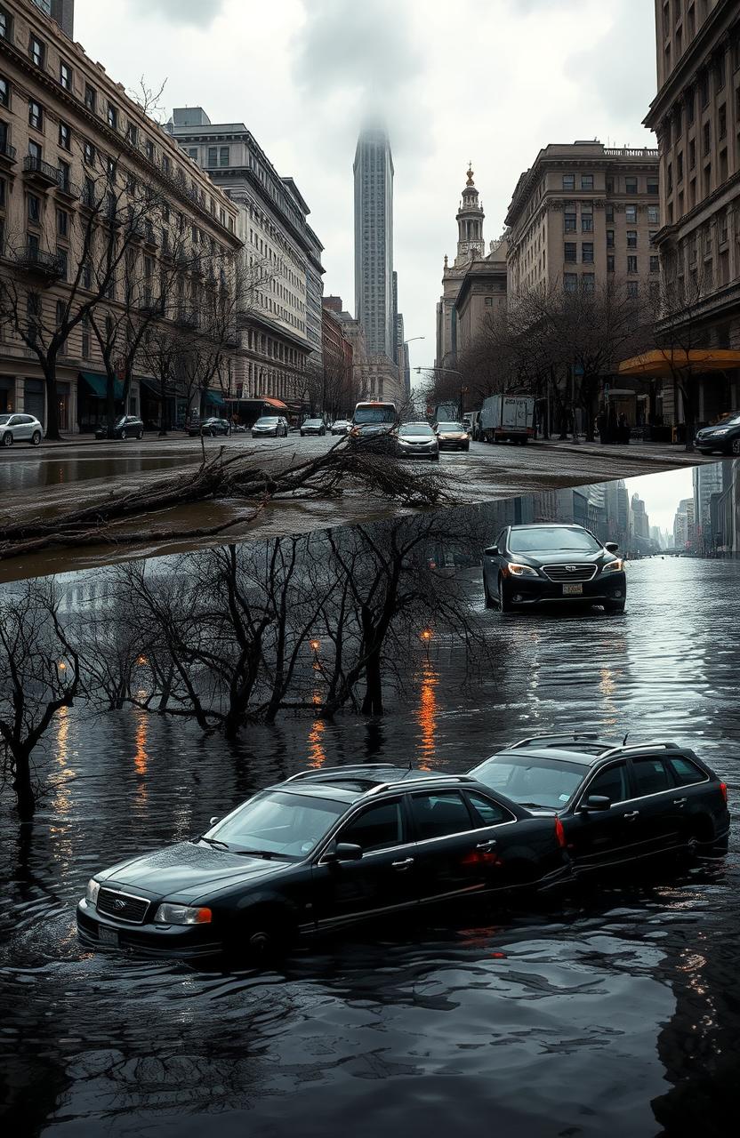 A dramatic collage depicting the aftermath of Hurricane Sandy, featuring flooded streets with water covering the pavement, downed trees with broken branches scattered around, and floating cars partially submerged in the water