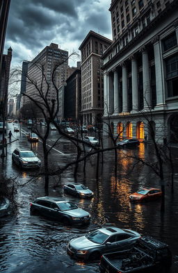 A dramatic collage depicting the aftermath of Hurricane Sandy, featuring flooded streets with water covering the pavement, downed trees with broken branches scattered around, and floating cars partially submerged in the water