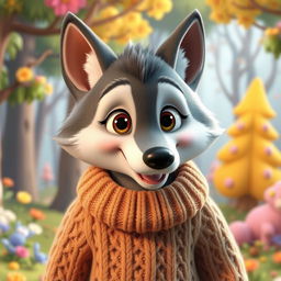 A detailed 3D illustration of a wolf character in a cozy lambswool sweater, designed in the charming and colorful Pixar animation style