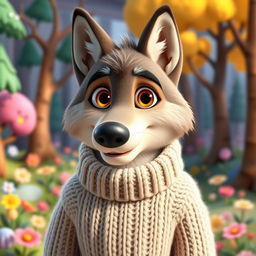 A detailed 3D illustration of a wolf character in a cozy lambswool sweater, designed in the charming and colorful Pixar animation style