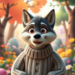 A detailed 3D illustration of a wolf character in a cozy lambswool sweater, designed in the charming and colorful Pixar animation style