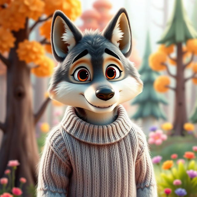 A detailed 3D illustration of a wolf character in a cozy lambswool sweater, designed in the charming and colorful Pixar animation style