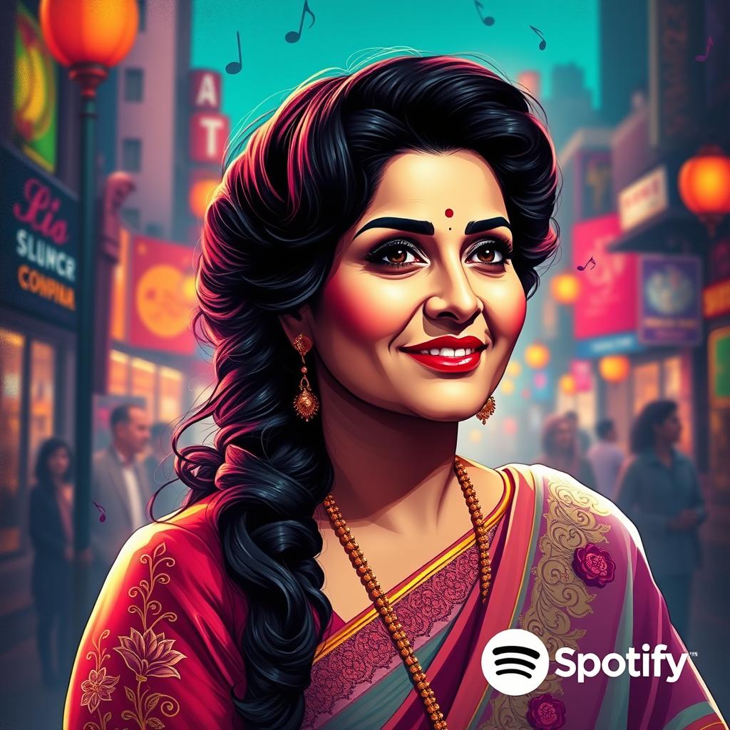 A vibrant digital portrait of Noor Jehan, the legendary Pakistani singer and actress, captured in a glamorous and colorful style