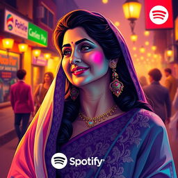 A vibrant digital portrait of Noor Jehan, the legendary Pakistani singer and actress, captured in a glamorous and colorful style