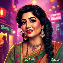 A vibrant digital portrait of Noor Jehan, the legendary Pakistani singer and actress, captured in a glamorous and colorful style