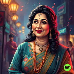 A vibrant digital portrait of Noor Jehan, the legendary Pakistani singer and actress, captured in a glamorous and colorful style